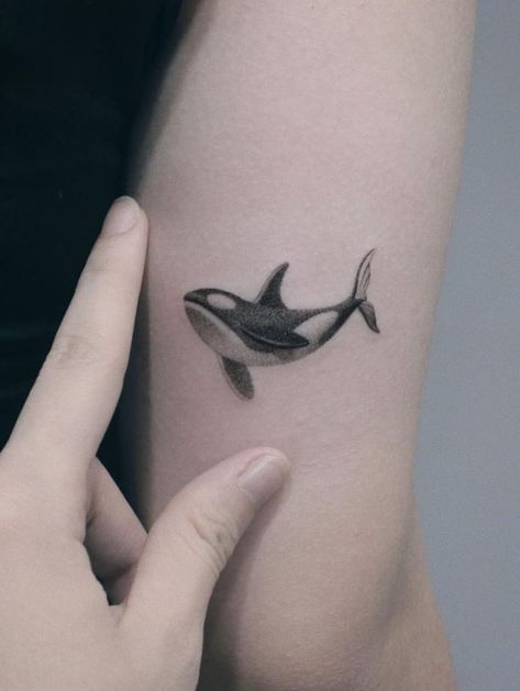 Dainty Orca Tattoo, Tattoos For Gym Rats, Orca Tattoo Minimalist, Orca Arm Tattoo, Geometric Orca Tattoo, Small Orca Tattoo, Orca Tattoo Simple, Small Black And Grey Tattoos, Celeste Tattoo