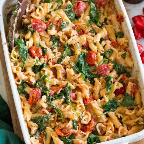 Baked Feta Pasta (TikTok Pasta) - Cooking Classy Spinach And Feta Pasta Bake, Feta Spinach Tomato Pasta, Tok Tok Pasta, Feta Pasta Bake With Spinach, Baked Feta Pasta With Spinach, Feta Tomato Spinach Pasta Bake, Pasta Recipes Feta, Feta Pasta Bake With Chicken, Tik Tok Feta Pasta Recipes