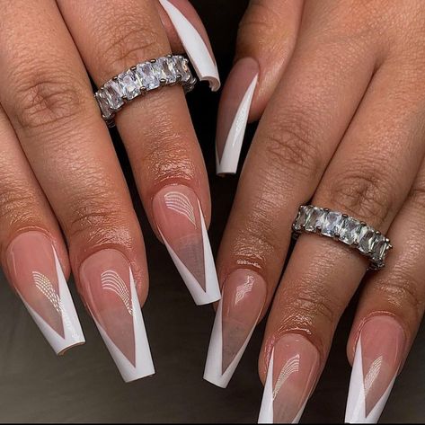 white v french tip White V French Tip, V French Tip, Tip Nails, French Tip Nails, Coffin Nails, Acrylic Nails, Nails, White, Nail Tips