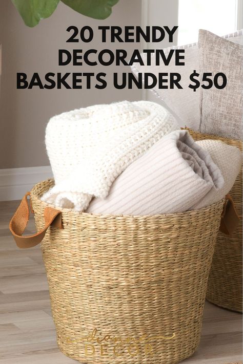 Adding decorative baskets to your rooms is one of the easiest ways to style your home. They add texture, help reinforce your home decor style, and are great at hiding clutter. #baskets #decorativebaskets #decorativestorage #homedecor #decor #decoratingonabudget Decor Baskets Ideas Living Room, How To Decorate Baskets Ideas, Decorative Baskets Ideas, Basket Filler Ideas Decorative, Large Basket Decor Ideas, Floor Basket Decor Ideas, How To Decorate Baskets, Wicker Basket Decor Ideas, Decorating With Baskets