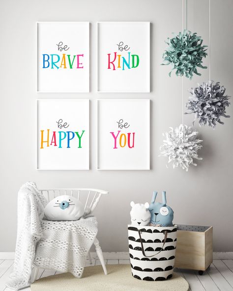 "To purchase set of 6 prints - Be brave, Be kind, Be happy, Be you, Heart and Rainbow Please click - https://www.etsy.com/in-en/listing/835741897 This is an instant Digital Download. No physical item will be shipped. 🔴 Set of 4 prints - Be brave, Be kind, Be happy, Be you Files for download: FOURTEEN - High resolution - JPG FILES ----------------------------------------------------------------------------- RATIO 2:3 Inches: 4x6\" / 8x12\" / 12x18\" / 16x24\" / 20x30\" / 24x36\" Cm: 10x15 / 20x3 Rainbow Themed Nursery, Girls Rainbow Bedroom, Rainbow Bedroom, Kids Bedroom Walls, Diy Bebe, Rainbow Room, Wall Art Kids, Toddler Bedrooms, Playroom Wall