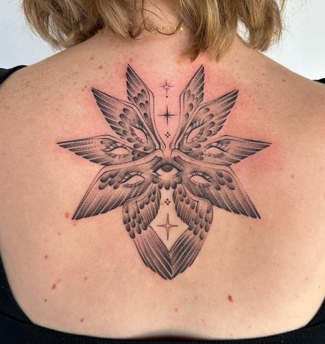 American Traditional Wings Tattoo, Angel Seraphim Tattoo, Seraph Angel Tattoo, Seraphim Angel Tattoo Design, Seraphim Back Tattoo, Flower With Wings Tattoo, Angel Stomach Tattoo, Bible Angel Tattoo, Back Tattoo Angel