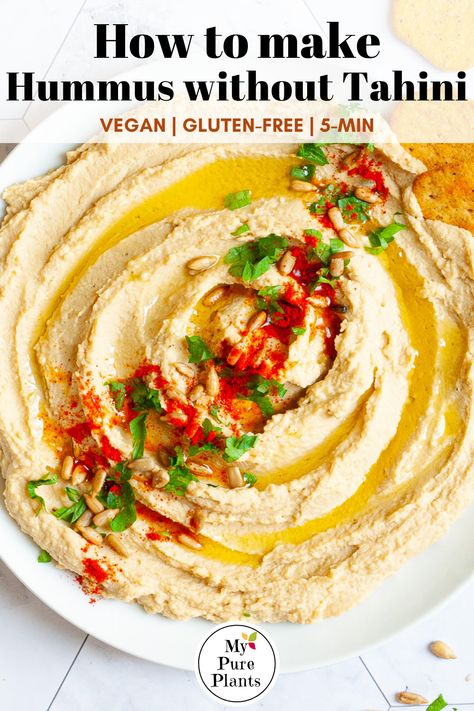 Hummus Without Tahini Healthy, Sesame Free Hummus, Chickpea Dip Hummus Recipe, Tahini Substitute Hummus, Tahini Free Hummus, Chickpea Hummus Recipe Without Tahini, Vitamix Hummus Recipe, Sunflower Seeds Recipes, Tahini Free Hummus Recipe