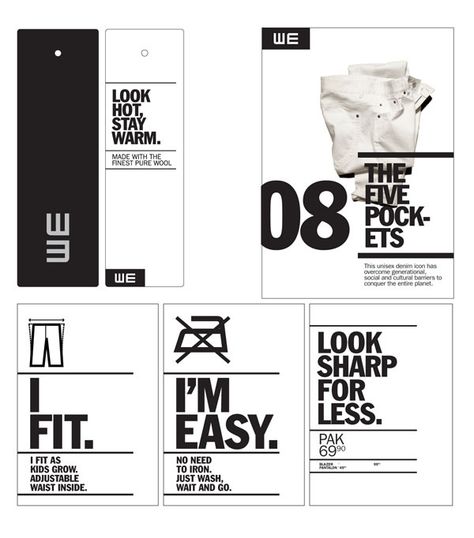 WE Fashion - Brand Identity by Denis Bégin, via Behance Hangtag Design, Mises En Page Design Graphique, Clothing Labels Design, Hang Tag Design, Brand Book, Wolfram, Editorial Layout, Tag Design, The Grey