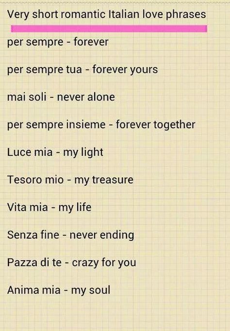 Romantic Italian love phrases Italian Love Words, Cute Italian Words With Translation, Italian Love Phrases Romantic, Italian Words Tattoo, Tattoo Quotes Italian, Pretty Italian Phrases, Italian Love Phrases, Italian Love Quotes, Basic Italian Phrases Travel