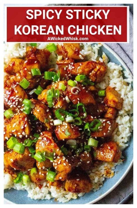 This Spicy Korean Chicken is sticky, savory, spicy, sweet and ready in under 30 minutes! Bite sized sauteed chicken smothered in a spicy Korean red sauce made with fiery gochujang, rice wine vinegar, soy sauce, honey, sesame oil, garlic and fresh ginger is the ultimate spicy comfort food. Serve over rice for the ultimate easy chicken dinner. #koreanchicken #koreanchickenrecipe #spicykoreanchicken #koreanchickenandrice #koreanchickenfood #koreanchickeneasy #koreanchickenbowl Gochujang Rice, Spicy Korean Chicken, Easy Chicken Dinner, Gochujang Sauce, Honey Sesame, Korean Chicken, Spicy Korean, Sauteed Chicken, Korean Dishes