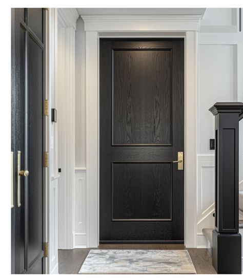 Black Doors With Gold Hardware, Black Doors Gold Hardware, Black Interior Doors With Gold Hardware, Stairs And Hallway Ideas, Black Interior Door, Dark Doors, Black Closet, Black Interior Doors, Gold Knobs