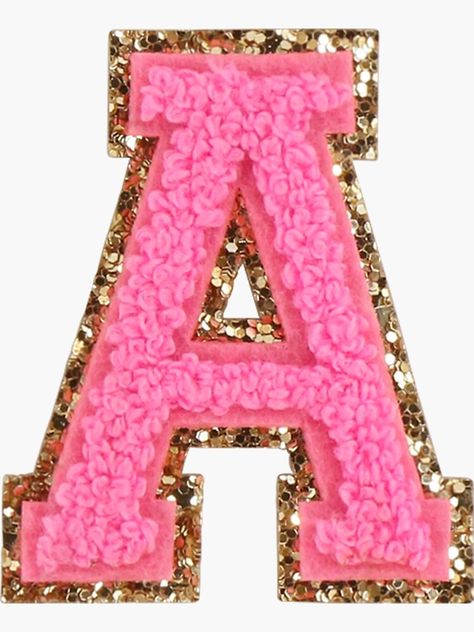 "A - Bubblegum Glitter Varsity Letter Patches" Sticker by PortraitsUltd | Redbubble Pink Patch, Preppy Stickers, Letter Patches, Varsity Letter, Stoney Clover Lane, Stoney Clover, Stylish Letters, Glitter Letters, Pink Letter