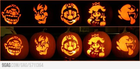 Awesome Mario Jack-o’-lanterns! Gotta save this to show my son later! Mario Pumpkin, Pumpkin Carving Pictures, Pokemon Pumpkin, Awesome Pumpkin Carvings, Character Pumpkins, Halloween Pumpkin Carving Stencils, Scary Pumpkin Carving, Hallowen Ideas, Lantern Ideas