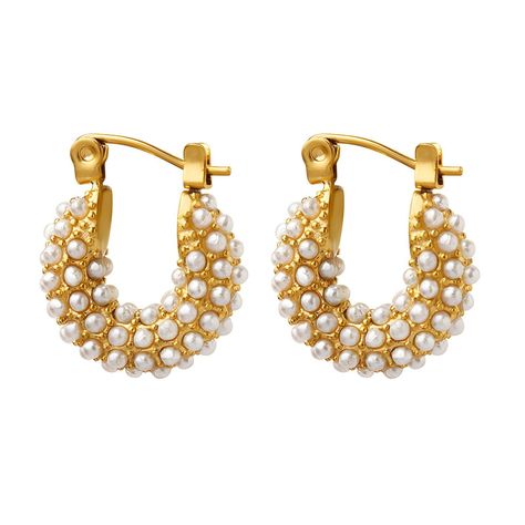 18K GOLD Plated Stainless Steel Hoops with white pearls , Gifts for her, Valentines Gift for your loved ones Pearl Huggies, White Pearl Earring, Chic Earrings, Pearl Cluster, Gold Pearl Earrings, Pearl Types, Huggie Earrings, Stainless Steel Earrings, Gold Plated Earrings