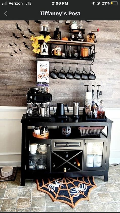 Goth Coffee Bar, Comfy Cozy Home, Diy Coffee Station, Spooky Home Decor, Cute Furniture, Dark House, Home Coffee Bar, Coffee Bar Home, Dark Home Decor