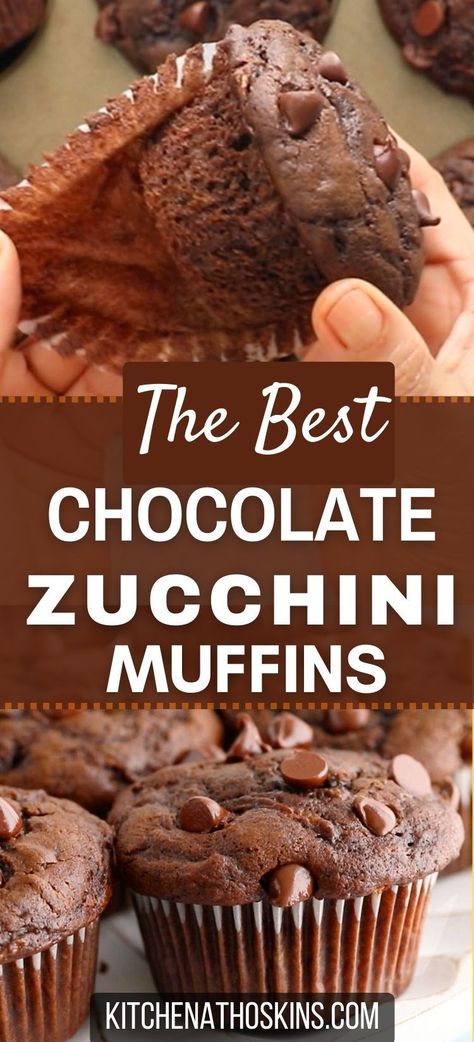 Learn how to make the best chocolate zucchini muffins with chocolate chips, that's made with yogurt, moist and is an easy one bowl muffin recipe. If you are looking to bake with zucchini, then this zucchini recipe is a must try! Get the chocolate chocolate chip zucchini  muffins recipe at kitchenathoskins.com. Zucchini Bread Recipes Chocolate, Zucchini Chocolate Muffins, Bake With Zucchini, Healthy Chocolate Chip Zucchini Muffins, Summer Dishes Recipes, Chocolate Avocado Muffins, Chocolate Chip Zucchini Muffins, Almond Flour Blueberry Muffins, Double Chocolate Zucchini Muffins