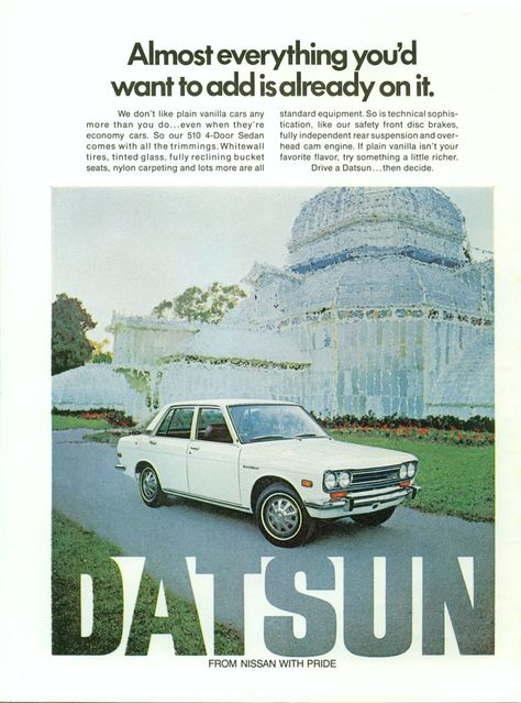 510 Datsun Advertising Archives, Datsun 510, Dorm Posters, Retro Advertising, Car Advertising, Car Ads, Advertising Poster, Retro Cars, Print Ads