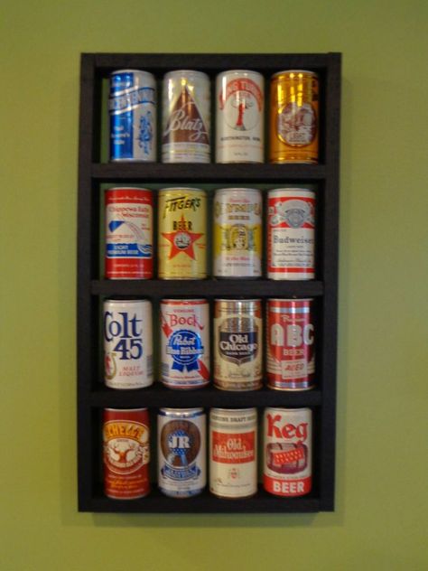 Image result for ways to.display vintage soda cans Beer Can Art, Wood Display Shelf, Rustic Basement Bar, Beer Display, Beer Bottle Crafts, Beer Can Collection, Old Beer Cans, Vintage Soda Bottles, Diy Beer