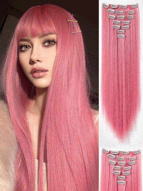 Pink  Collar  Synthetic Fiber  Clip-In Hair Extensions Embellished   Wigs & Accs Pink Clip In Hair Extensions, Pink Hair Extensions, Hair Extensions Long, Long Pink Hair, Pink Clip, Hair Extensions Clip, Extensions Clip In, Straight Hair Extensions, Long Hair Extensions