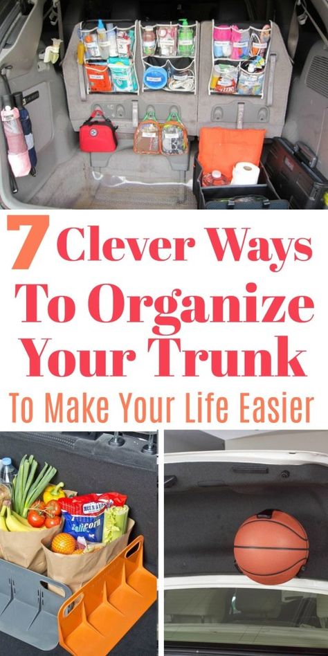 7 Clever Tips For How To Organize Your Car Trunk To Make Your Life Easier Minivan Organization, Suv Trunk Organization, Organize Tips, Van Organization, Car Organization Diy, Car Life Hacks, Car Life, Car Trunk Organization, Mom Car