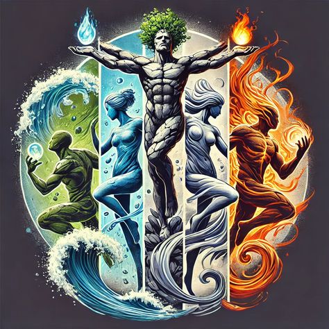 Dive into the profound symbolism of the Four Elements—Earth, Water, Air, and Fire—explored through stunning, stylized art. Each element is brought to life with dynamic figures that represent their unique essence: the Earth as a grounded, tree-like figure; Water as a flowing, ethereal being; Air as a swirling, light presence; and Fire as a dynamic, passionate force. This collection showcases the balance and harmony of the natural world, emphasizing their interconnectedness and transformative power. Ideal for those seeking inspiration for spiritual practices, tattoos, or artworks that evoke mystical energy and the eternal dance of the elements. Save for later to immerse yourself in this powerful visual journey. 5 Elements Of Nature, The Elements, Ethereal Being, Moon Stars Art, Tree Of Knowledge, Earth Illustration, Elements Earth, Stylized Art, The Four Elements