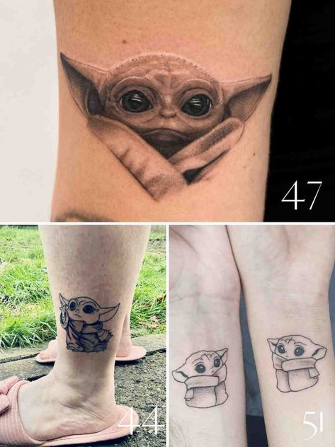 53+ Baby Yoda Tattoo Ideas You'll Gush Over - TattooGlee Master Yoda Tattoo, Grogu Tattoo Ideas Simple, Babyyoda Tattoo, Yoda Tattoo Ideas, Grogu Tattoo Ideas, Grogu Tattoo, Baby Yoda Tattoo, Yoda Tattoo, Mandalorian Tattoo