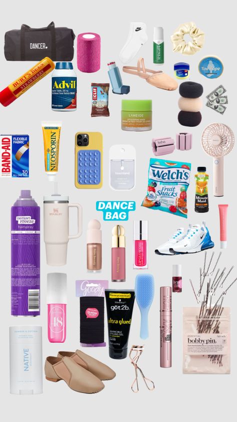 basically what is in my dance bag Workout Routines For Beginners, Minute Maid, Dance Bag, Bag Essentials, Styling Gel, Dance Life, Burts Bees, Band Aid, Essential Bag