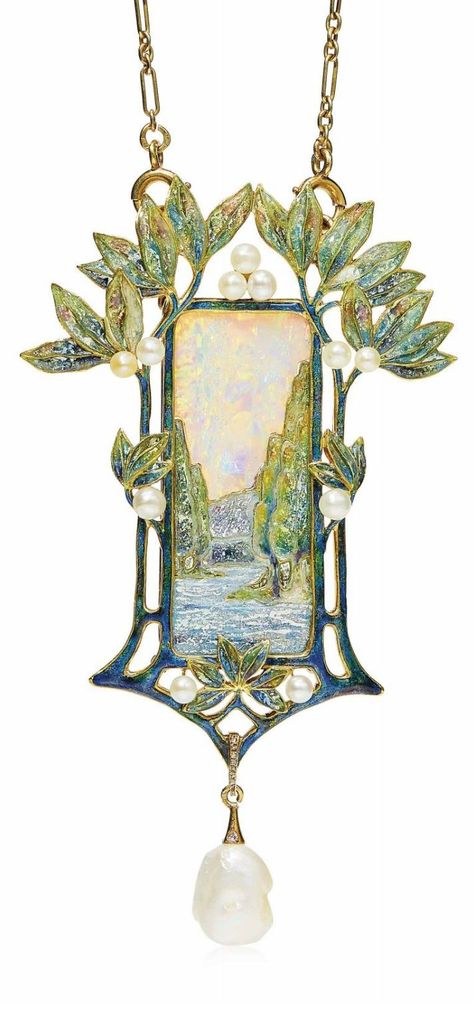 GEORGES FOUQUET - AN ART NOUVEAU OPAL, ENAMEL AND PEARL PENDENT NECKLACE, CIRCA 1900. Modelled as a rural landscape, the enamel river and trees underneath an opal sky, to the enamel foliate surround with seed pearl accents, suspending a baroque pearl, with French assay marks for gold, signed G. Fouquet, numbered. ~ETS #artnouveau Bijoux Art Deco, Design Art Nouveau, Bijoux Art Nouveau, Nouveau Jewelry, Art Nouveau Design, Art Nouveau Jewelry, Art Japonais, Pendent Necklace, Art Nouveau Style