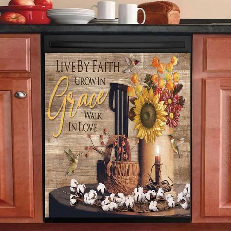 Top Of Refrigerator Decor Ideas, Top Of Refrigerator Decor, Flower In Basket, Magnetic Art, Refrigerator Decor, Top Of Refrigerator, Metal Cabinets, Sunflower Kitchen Decor, Sunflower Daisy