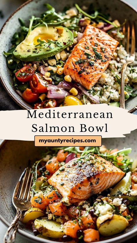 Enjoy a Mediterranean salmon bowl with grilled salmon, fresh veggies, and herbs for a light yet satisfying meal. Perfect for fall or summer, this bowl is nutritious and flavorful, making it a great choice for a healthy lunch or dinner. Dinners With Fish, Health Pescatarian Meals, Seafood Buddha Bowl, Mediterranean Salmon Bowl Recipe, Lentil And Salmon Recipes, Mediterranean Rice Bowl Recipe, Macro Friendly Salmon Bowl, Healthy Mediterranean Bowl Recipes, Healthy Meal Prep Salmon