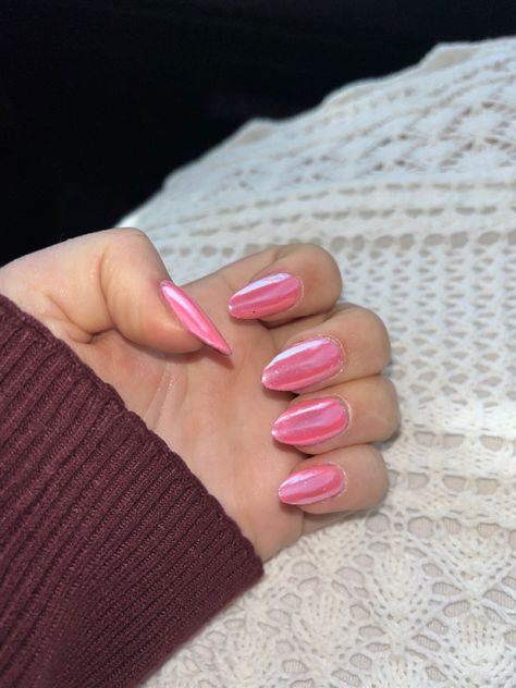 Pink Chrome Almond Nails, Chrome Almond Nails, Hot Pink Chrome, Chrome Almond, Chrome Nail Polish, Pink Chrome Nails, Cute Pink Nails, Hot Pink Nails, Pink Chrome