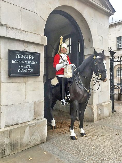 This is one of the most popular selfie spots in London. If you walk down Whitehall during the day then you'll see a huge crowd milling around outside Horse Guards as the tourists take it in turns to tip-toe up to the huge horses and have their photo taken by their buddy. If you arrive after 4 PM then the horses will already be in their stables and you'll have to stand next to a Foot Guard soldier instead *** read full review on my website #horseguards #london Horseguards London, Horse Guards London, London Xmas, Whitehall London, Royal Horse Guards, Royal Guards, Royal Horse, Queens Guard, London Bucket List