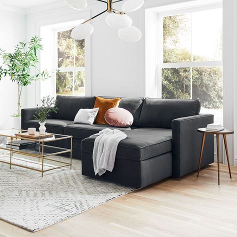 Harris Sleeper Sectional w/ Storage Chaise | West Elm Dark Grey Couch, Dark Couch, Black Couch, Charcoal Sofa, Grey Sofa Living Room, Grey Couch, Comfortable Sectional, Grey Sofa, Modern Renovation