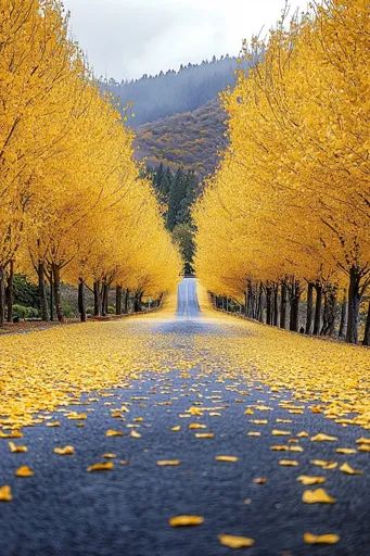 ↑↑↑ Larger size on website 🔸 A paved road winds through a tunnel of vibrant yellow trees, their leaves blanketing the ground in a Yellow Spring Road, Yellow Spring Road Japan, Yellow Road, Leaf Blanket, Yellow Tree, Yellow Springs, Winding Road, Autumn Landscape, The Road