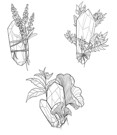 Plant And Crystal Tattoo, Sage Crystal Tattoo, Mini Crystal Tattoo, Crystal Bouquet Tattoo, Crystals Tattoo Design, Lavender Crystal Tattoo, Crystal With Flowers Tattoo, Crystal Bundle Tattoo, Crystal Sage Tattoo