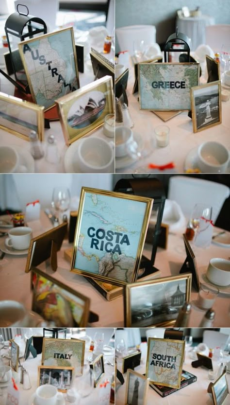 A way to feature the different countries in the centerpieces. I am not very fond of this set up, but with some tweeks it can fit into your bourgie theme Yacht Decor, Travel Inspired Wedding, Wedding Table Themes, 21 Diner, Aviation Theme, Prom Themes, Travel Party Theme, Prom Theme, Travel Theme Wedding