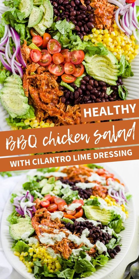 This healthy BBQ chicken salad is better than the restaurant! It includes classic southwest toppings and a creamy (dairy free) cilantro lime ranch that takes 5 minutes to make. Bbq Chicken Salad Healthy, Healthy Bbq Chicken, Cilantro Lime Ranch, Cilantro Lime Ranch Dressing, Salad With Homemade Dressing, Gf Cooking, Crispy Chicken Salads, Healthy Bbq, Make Bbq Sauce