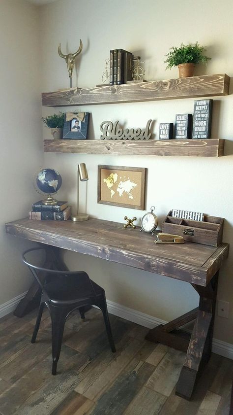 Writing Desk Space, Desk With Shelves, Farmhouse Desk, Farmhouse Office, Farmhouse Shelves, Foyer Decorating, Estantes Flotantes, The Desk, Farmhouse Furniture