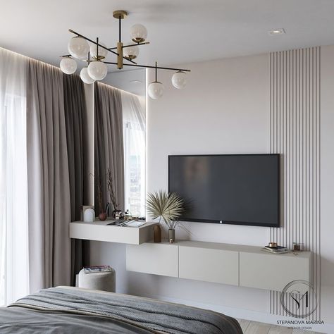 Small Bedroom With Tv On Wall, Luxurious Tv Unit With Study Table For Master Bed Room Bedroom, Room With Tv Bedrooms, Bedroom Tv Ideas, Apartment Bedroom Ideas For Couples, Tv Fal, Bedroom Tv Wall, Modern Bedroom Interior, Tv In Bedroom