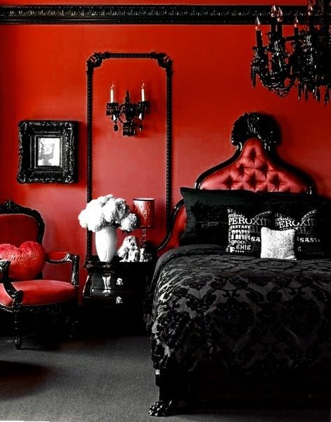 Red walls with black accents / red and black bedroom Red Bedroom Walls, Gothic Bedroom Ideas, Gothic Room, Gothic Bedroom, Black Bedroom Furniture, Black Room, Black Bedroom, Bedroom Red, Red Rooms