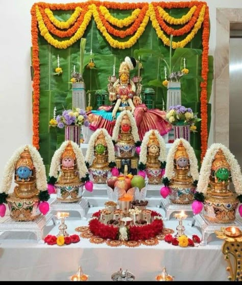 Gouri Pooja Decoration, Ashtalakshmi Pooja Decoration, Dussehra Decoration Ideas, Gruhapravesam Decoration Ideas Usa, Varamahalakshmi Decoration Ideas, Dasara Decoration Ideas At Home, Garden Ideas With Plastic Bottles, Varalakshmi Pooja, Lakshmi Pooja