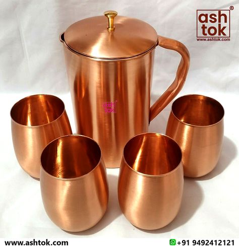 Drinkware | Copper Jug with Glasses | Glossy Finishing | Tableware | Ashtok Copper Drinkware, Yoga Health Benefits, Antique Kitchen Decor, Live Drawing, Copper Water Bottle, Copper Jug, Copper Utensils, Copper Tray, Drink Ware