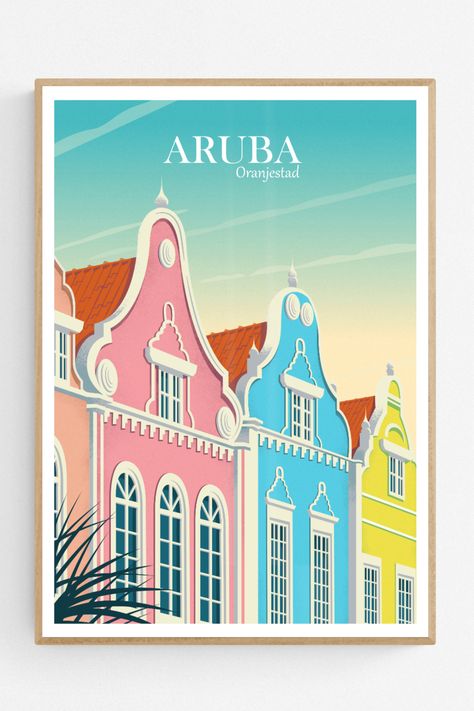 Travel art print or poster of Aruba. The illustration features the colorful facades of buildings in the capital Oranjestad. There are pink, blue and yellow buildings, each with orange roofs. Aruba is part of the Dutch Caribbean or Netherlands Antilles. Aruba Island, Caribbean Decor, Colorful Architecture, 21 Diner, Aruba Travel, Condo Decor, Chihuahua Art, Colorful Buildings, Oranjestad