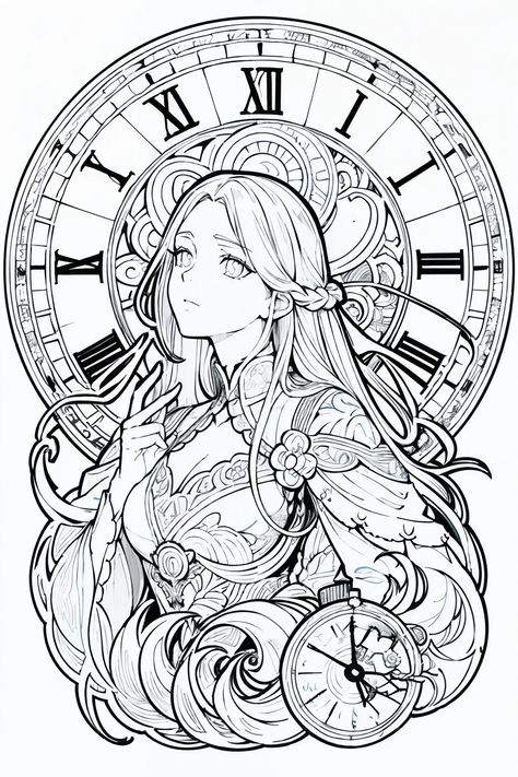 Painting of a woman with long hair and a clock, Beautiful line art, black and white line art, Beautiful line art, Very fine ink strokes, high detailed official artwork, Black Line Art on White, artwork,Does not drain black, Coloring Book, highly detailed exquisite fanart, Black ink strokes, Fantasy Fan Art, By Yoshihiko Wada, Anime Art Nouveau Universe Show,Art by Alphonse Mucha ,draft,Only character lines and scenes remove color...., Not shadows.,(master-piece, beste-Qualit, highres:1.4), Detai Art Nouveau Line Drawing, Anime Line Art Coloring Pages, Digital Art Coloring Pages, Anime Art Nouveau, Art Nouveau Black And White, Fantasy Line Art, Draft Drawing, Art Nouveau Hair, Line Art Black And White