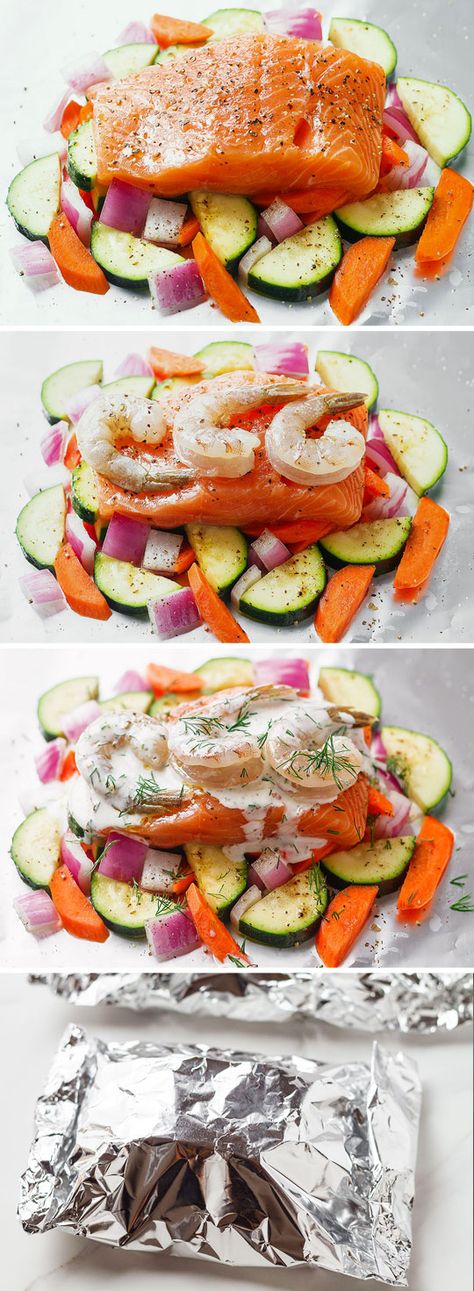 Creamy Shrimp and Salmon Foil Packets - Say hello to the easiest way to make salmon in foil packets! Baked Foil Packets, Salmon In Foil Recipes, Salmon Foil Packets, Salmon Baked, Foil Pack Dinners, Foil Packet Dinners, Salmon In Foil, Recipes Salmon, Foil Pack Meals