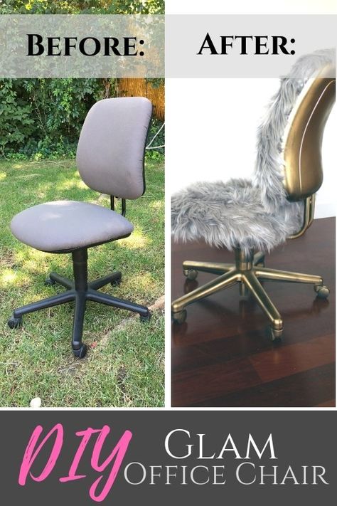 DIY Faux Fur Chair. A Gold & Glam Repurposed Project - Creative Fashion Blog Upholster Office Chair Diy, Diy Desk Chair Makeover, Upcycle Office Chair, Reupholster Office Chair Diy, Computer Chair Makeover, Old Office Chair Makeover, Paint Office Chair, Diy Office Chair Cover, Diy Vanity Chair