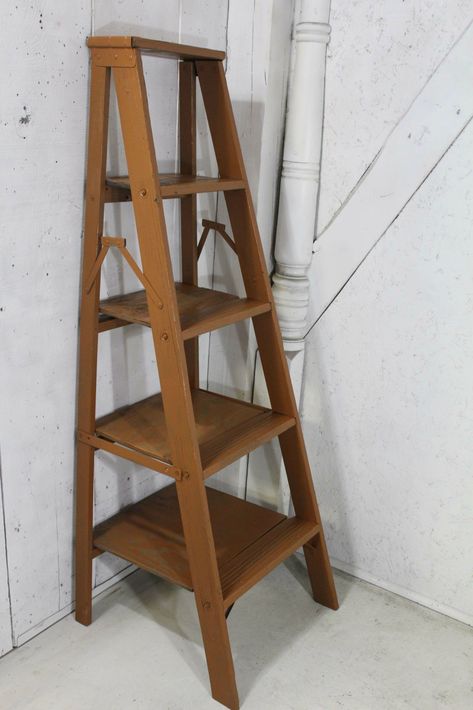 Wood Ladder Ideas, Grey Ladder Shelf, Shelf Cheap, Ladder Crafts, Wood Ladder Decor, Old Wood Ladder, Ladder Art, Wood Ladder Shelf, Vegetable Storage Bin