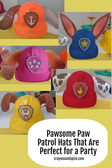 Picture of a Zuma, Chase, Skye, Marshall, and Rubble helmet. They each are painted in that pups color, with their pup tag and ears glued on. Chase Birthday Party, Paw Patrol Themed Birthday Party, Paw Patrol Masks, Skye Birthday Party, Paw Patrol Hat, Paw Patrol Party Favors, Rubble Paw Patrol, 4th Birthday Party, 4 Birthday