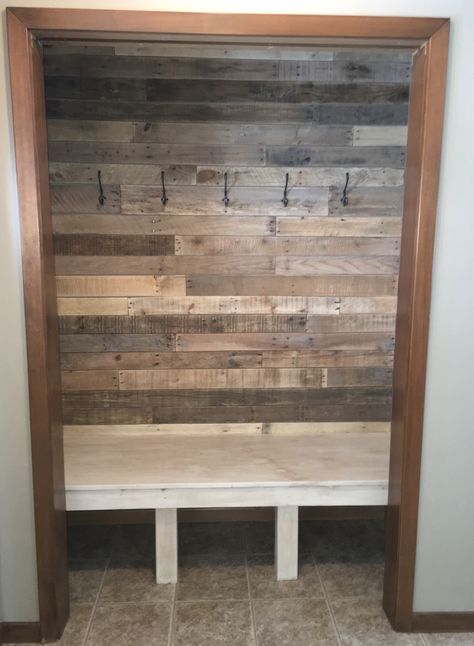 DIY pallet board wall #PalletBoard #PalletWall #EntryWay #Closet Pallet Board Wall, Storage Basement, Basement Garage, Entryway Closet, Pallet Boards, Wall Closet, Closet Remodel, Board Wall, Pallet Wall