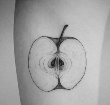 Apple Tattoo Black And White, Half Apple Tattoo, Apple Slice Tattoo, Fiona Apple Tattoo Ideas, Bitten Apple Tattoo, Apple Tattoos, Hozier Shirt, Tatu Ideas, Apple Tattoo