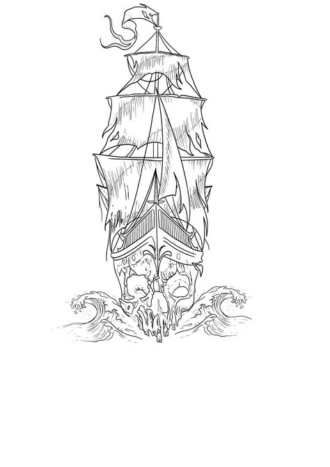 Ghost Ship Tattoo, Ghost Ship Art, Tattoo Pieces, Leg Tats, Ship Sketch, Drawing 101, Flash Ideas, Pirate Tattoo, Boat Drawing