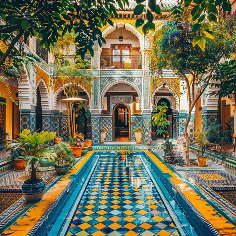 Découvrez le charme captivant de notre cour marocaine, où l'art traditionnel rencontre un oasis de fraîcheur 🌿✨. Imprégnez-vous de la splendeur des carreaux bleus et jaunes qui reflètent le soleil brillant du Maroc et plongez dans la tranquillité de notre bassin miroitant. Chaque angle vous invite à admirer l'harmonie parfaite entre architecture mauresque et nature luxuriante 🌺🕌. Ne manquez pas de vivre cette expérience visuelle où chaque détail raconte une histoire riche de culture et d'art... Art Marocain, Food Industry, Monument, D Art, Architecture, Quick Saves, Art