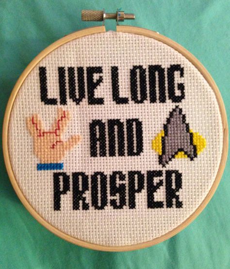 Star Trek Cross Stitch, Geeky Cross Stitch Patterns, Live Long And Prosper, Nerd Crafts, Cross Stitch Quotes, Cross Stitch Boards, Subversive Cross Stitch, Geek Crafts, Mini Cross Stitch