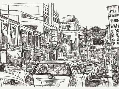 Traffic jam on Petaling street Public Transportation Aesthetic, Traffic Sketch, Traffic Jam Drawing, Traffic Jam Illustration, Traffic Drawing, Indoor Illustration, Traffic Illustration, Jam Drawing, Petaling Street